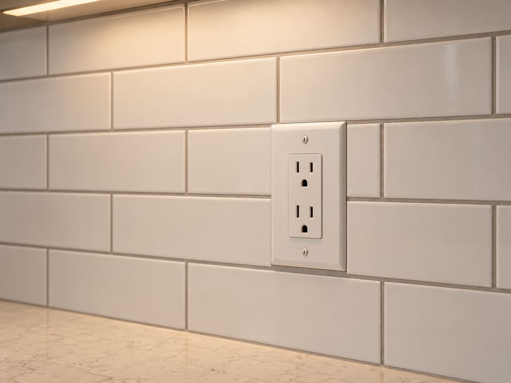 Subway tile kitchen backsplash cut around an electrical outlet, the cover plate sitting flush against the tile face