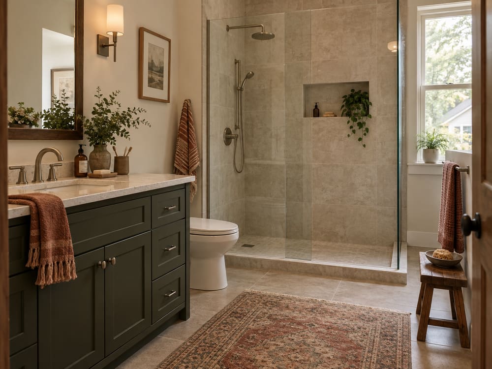 Bathroom remodeling in Montclair, NJ: a green shaker vanity and a walk-in shower with a glass panel and a built-in niche