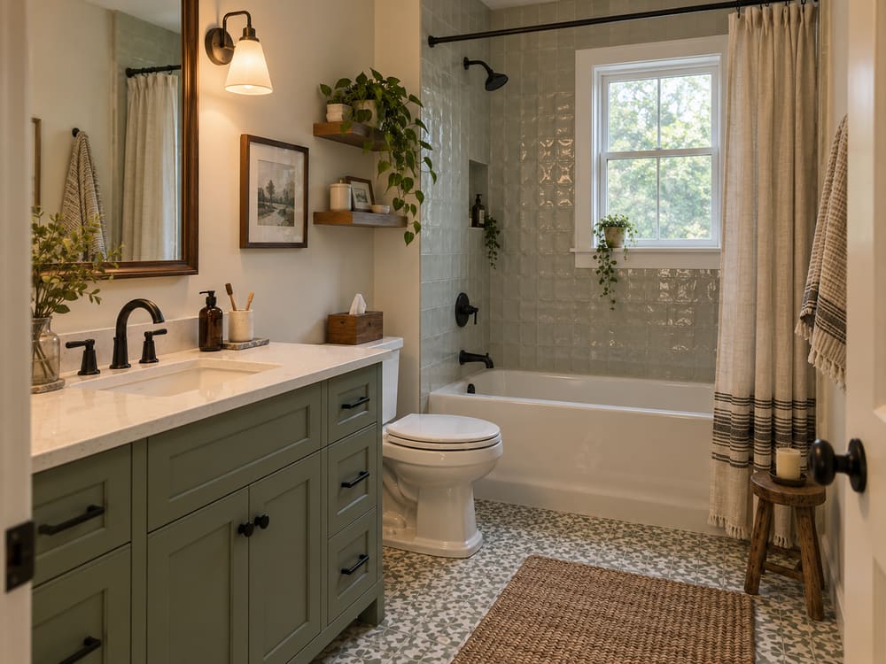 Bathroom remodeling in Millburn, NJ: a green vanity, an alcove tub and a mosaic tile floor