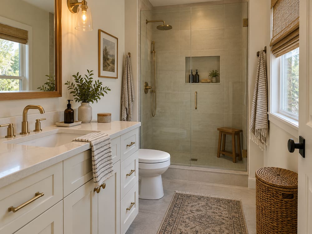 Bathroom remodeling in Summit, NJ: a white shaker vanity, brass fixtures and a glass-panelled walk-in shower