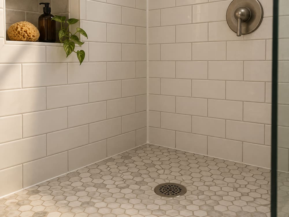 Tiled shower with a recessed niche, subway tile walls and a hexagon mosaic floor sloping to the drain
