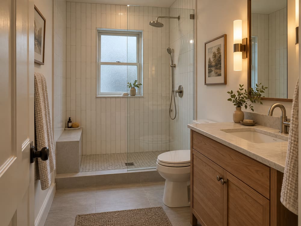 Compact remodeled bathroom with a tiled tub surround, a wall-mounted vanity and a frosted window