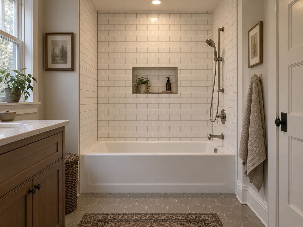 New alcove bathtub with a subway tile surround carried to the ceiling and a recessed niche