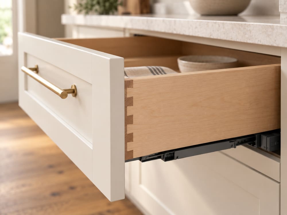 Kitchen drawer pulled open, showing a dovetailed solid wood drawer box on a full-extension undermount slide