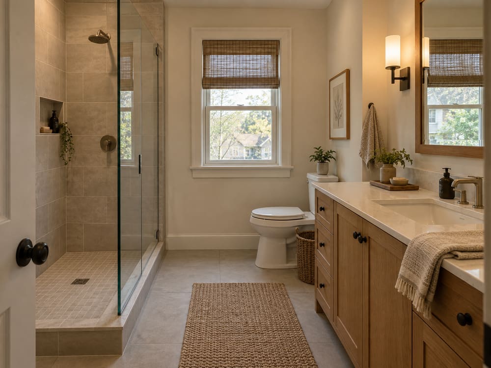 Completed full bathroom with a glass shower enclosure, a tiled wet area, a wood vanity and a stone top
