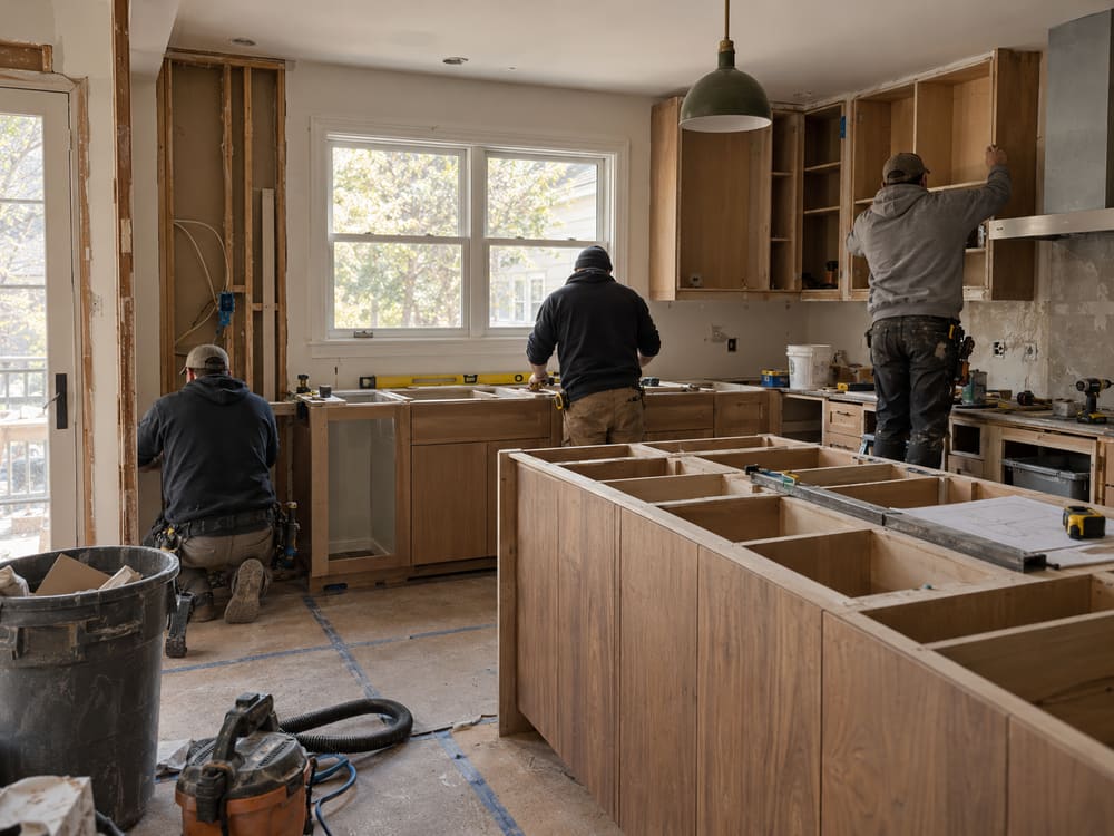 Hallie Home Improvement llc crew installing kitchen cabinetry and setting island boxes during a remodel