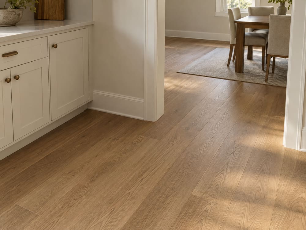 Oak kitchen floor running continuously through a doorway into the next room with no threshold strip