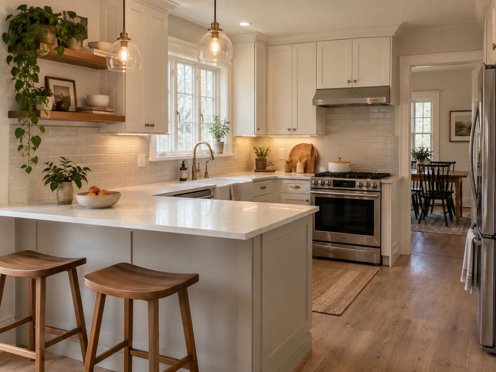 Kitchen remodeling in Irvington, NJ: white shaker cabinetry, a quartz peninsula with counter seating and open wood shelving