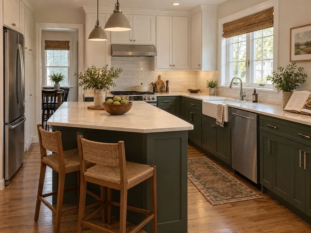 Kitchen remodeling in Hillside, NJ: deep green cabinetry, a farmhouse sink and a quartz-topped island with seating