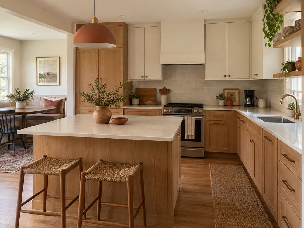 Kitchen remodeling in Maplewood, NJ: light oak cabinetry, a large island with counter stools and a warm clay pendant