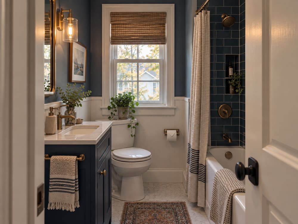 Compact remodeled bathroom with a navy tiled accent wall, a dark vanity and a tub with a shower curtain