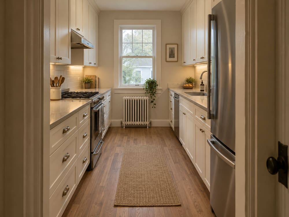Narrow galley kitchen after remodeling, with cabinets taken to the ceiling and a counter-depth refrigerator