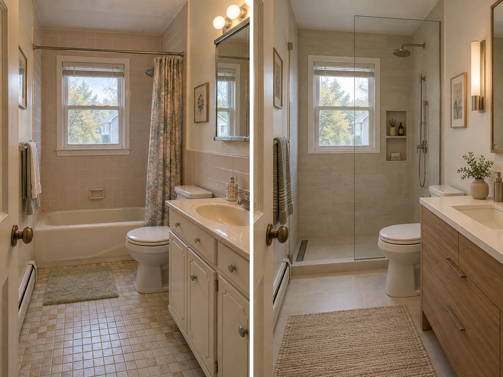 Tub-to-shower conversion shown before and after: the original alcove bathtub, and the same alcove rebuilt as a tiled walk-in shower with a glass panel