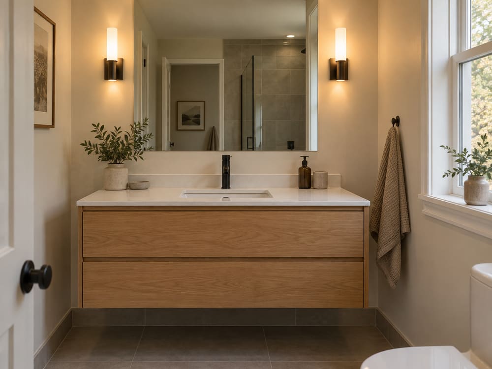 Floating oak bathroom vanity with a stone top, an undermount sink, a matte black faucet and sconces flanking the mirror