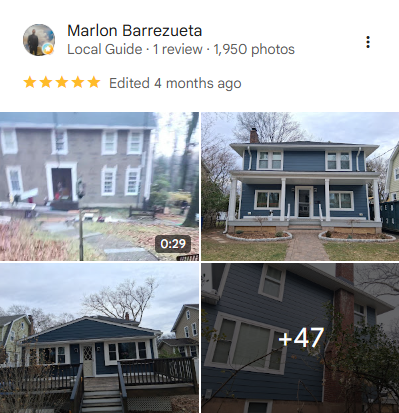 Five-star Google review of Hallie Home Improvement llc from Marlon Barrezueta, a Google Local Guide, with several photos of the customer's home